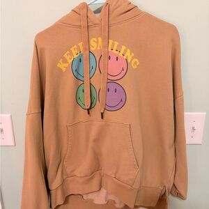 American Eagle Outfitters Tan Hoodie with Colorful Smiley Faces